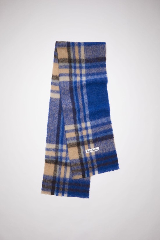 Blue / Beige Acne Studios Checked Logo Wool Scarf | YXIR-15389