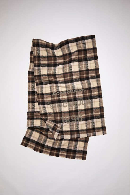 Brown / Beige Acne Studios Wool Logo Print Checked Scarf | FPBE-81479