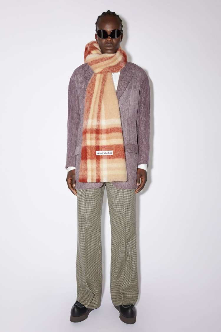 Beige / Red Acne Studios Checked Logo Wool Scarf | RHLU-60259