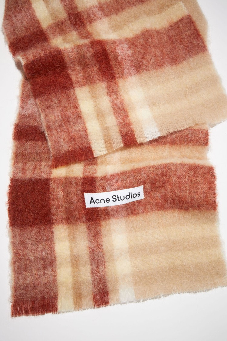 Beige / Red Acne Studios Checked Logo Wool Scarf | RHLU-60259