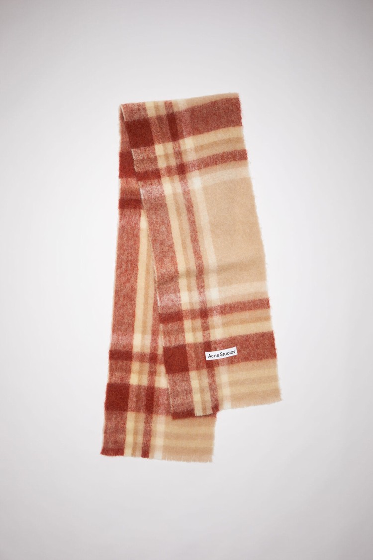 Beige / Red Acne Studios Checked Logo Wool Scarf | RHLU-60259