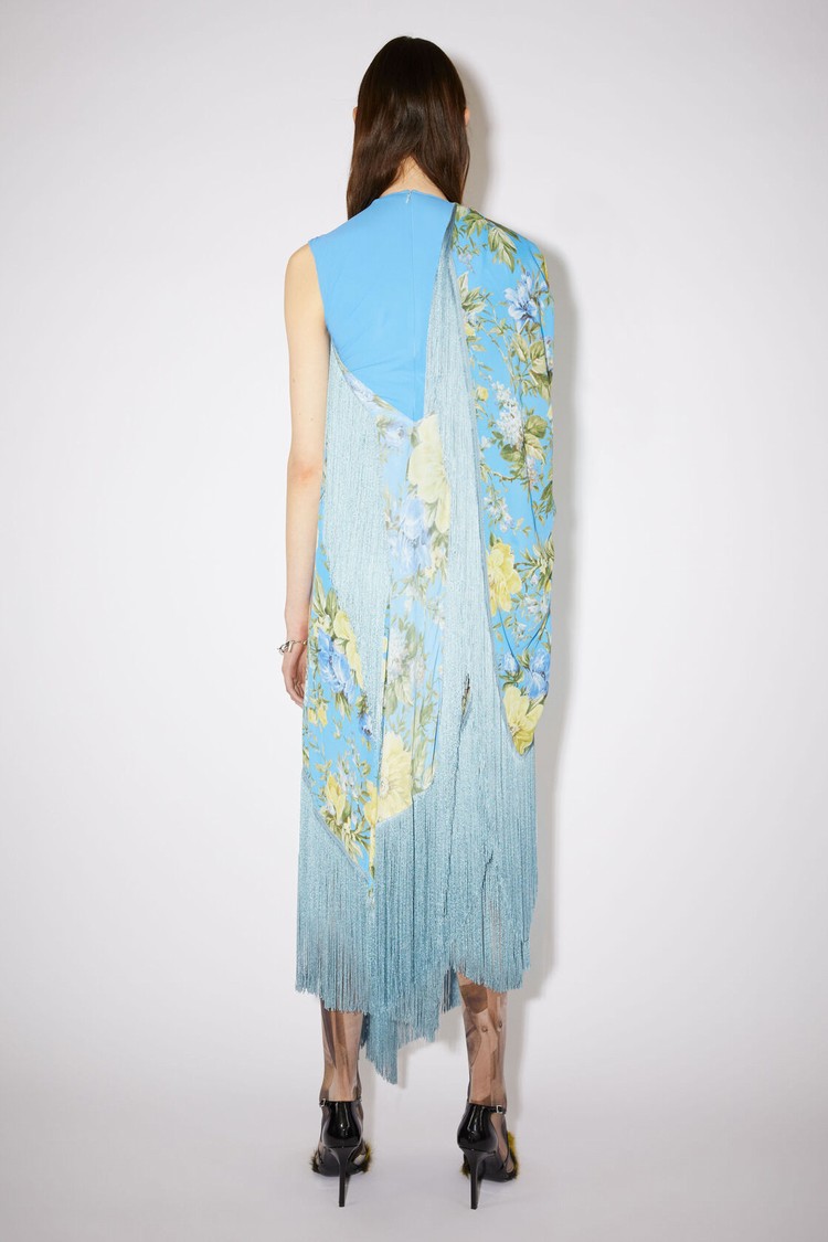 Blue Acne Studios Flower Print Fringe Women's Dress | RFUB-34812