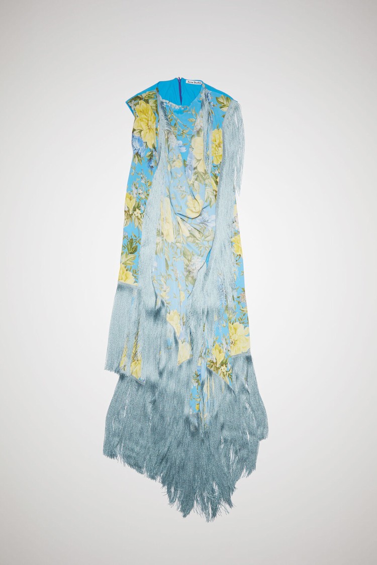 Blue Acne Studios Flower Print Fringe Women's Dress | RFUB-34812