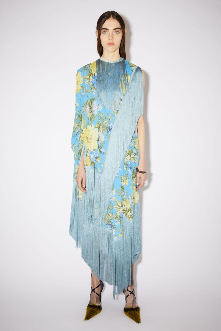 Blue Acne Studios Flower Print Fringe Women\'s Dress | RFUB-34812