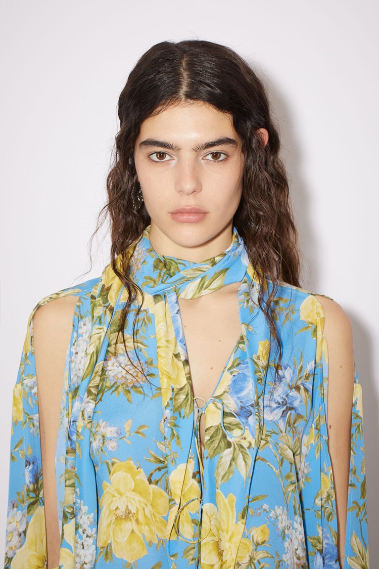 Blue Acne Studios Flower Print Tie-up Women's Blouse | NXGU-58631