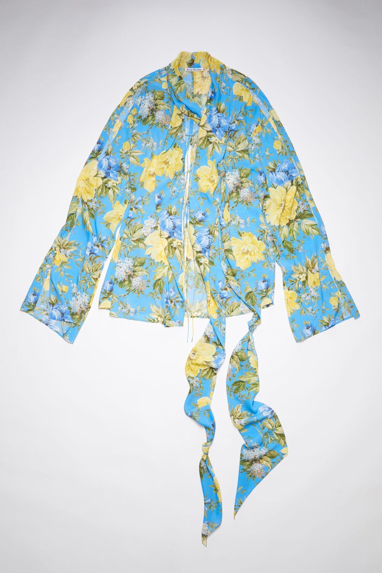 Blue Acne Studios Flower Print Tie-up Women's Blouse | NXGU-58631