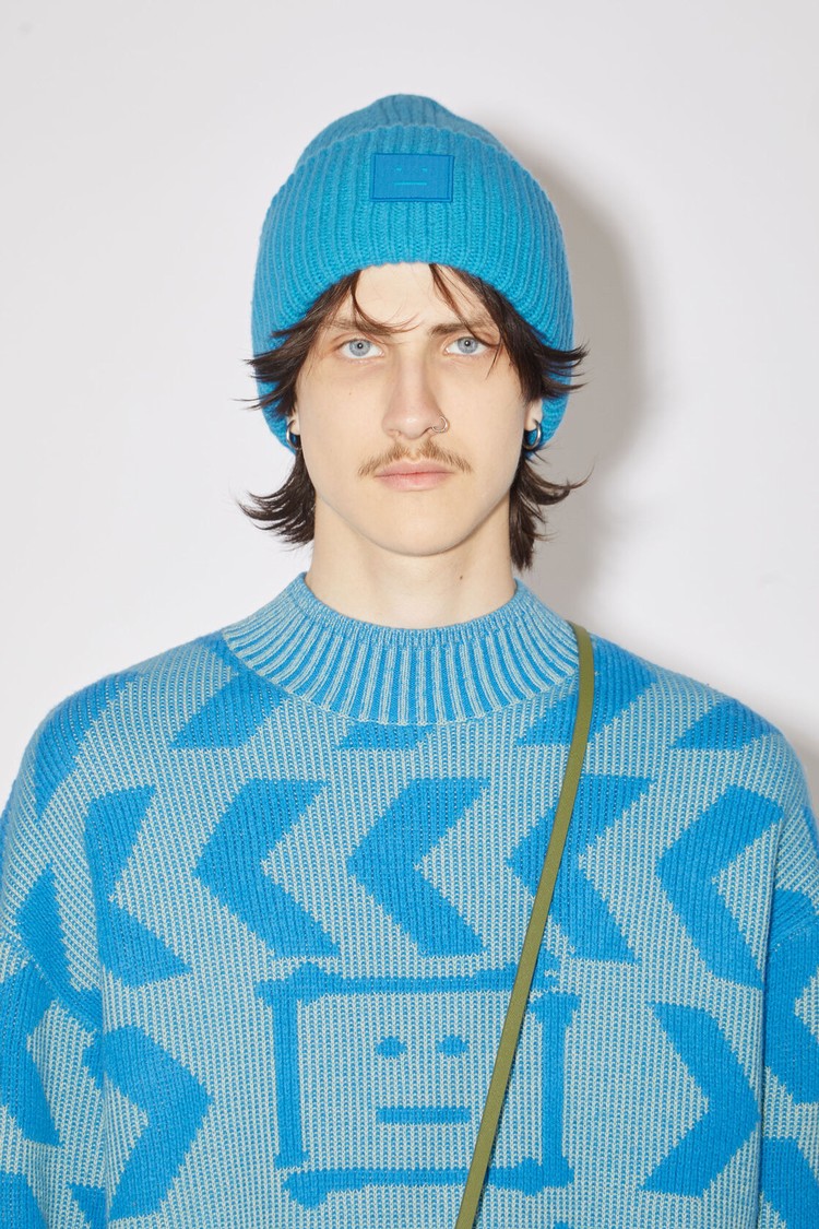 Blue Acne Studios Large Face Logo Beanie | CMEQ-82716