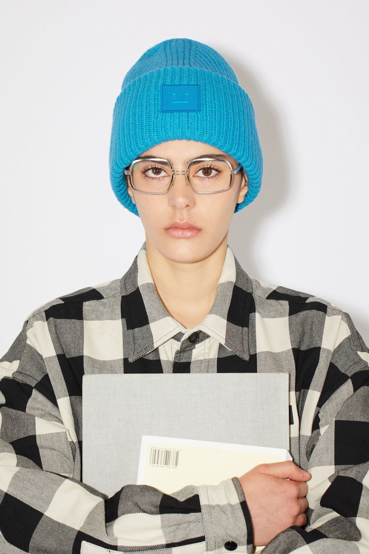 Blue Acne Studios Large Face Logo Beanie | CMEQ-82716