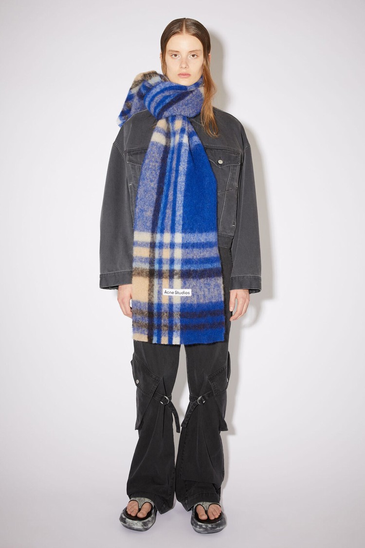 Blue / Beige Acne Studios Checked Logo Wool Scarf | YXIR-15389