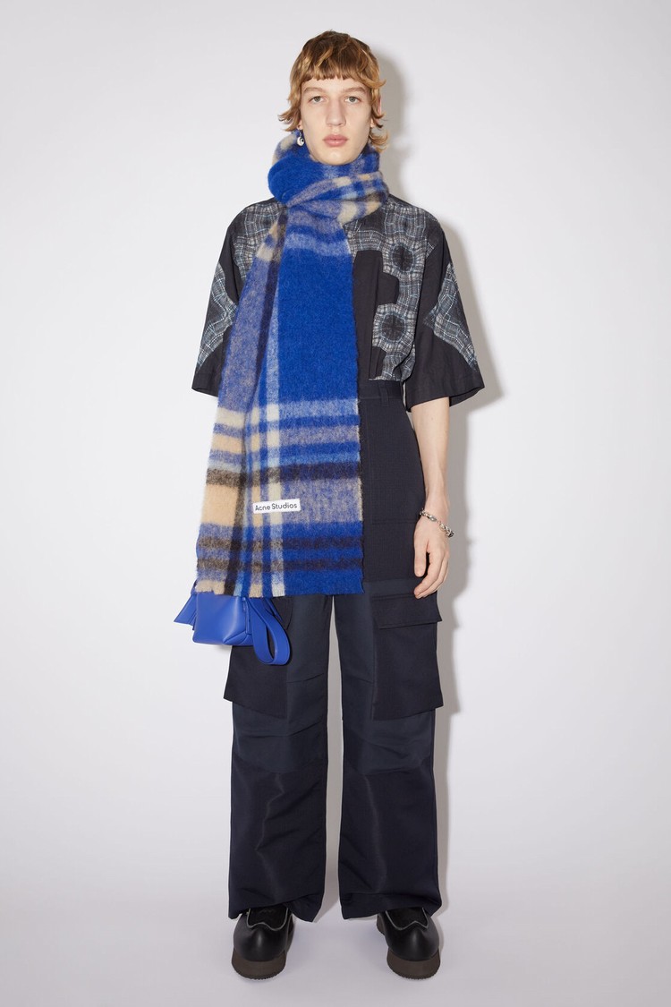 Blue / Beige Acne Studios Checked Logo Wool Scarf | YXIR-15389