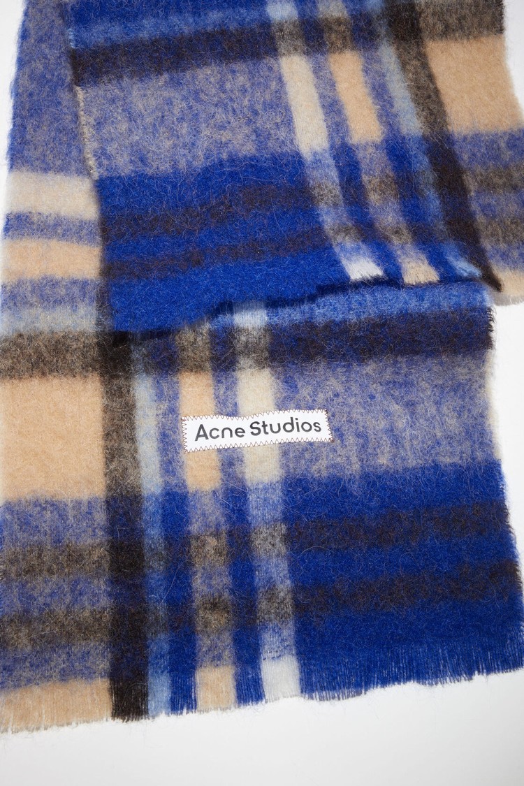 Blue / Beige Acne Studios Checked Logo Wool Scarf | YXIR-15389