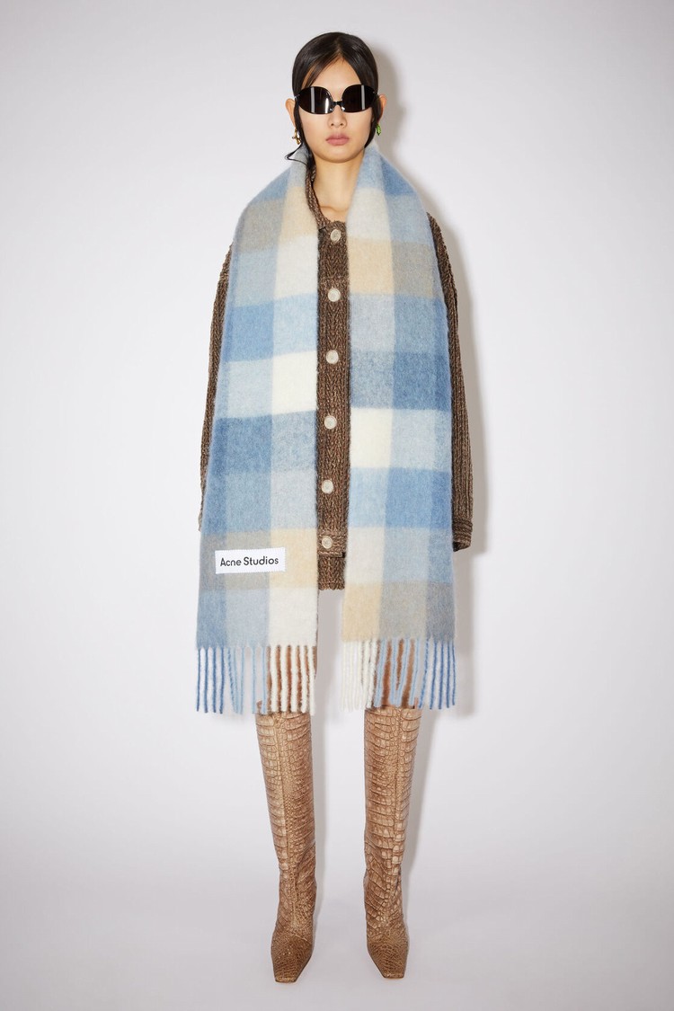 Blue / Beige Acne Studios Checked Wool Fringe Scarf | IQBM-51204