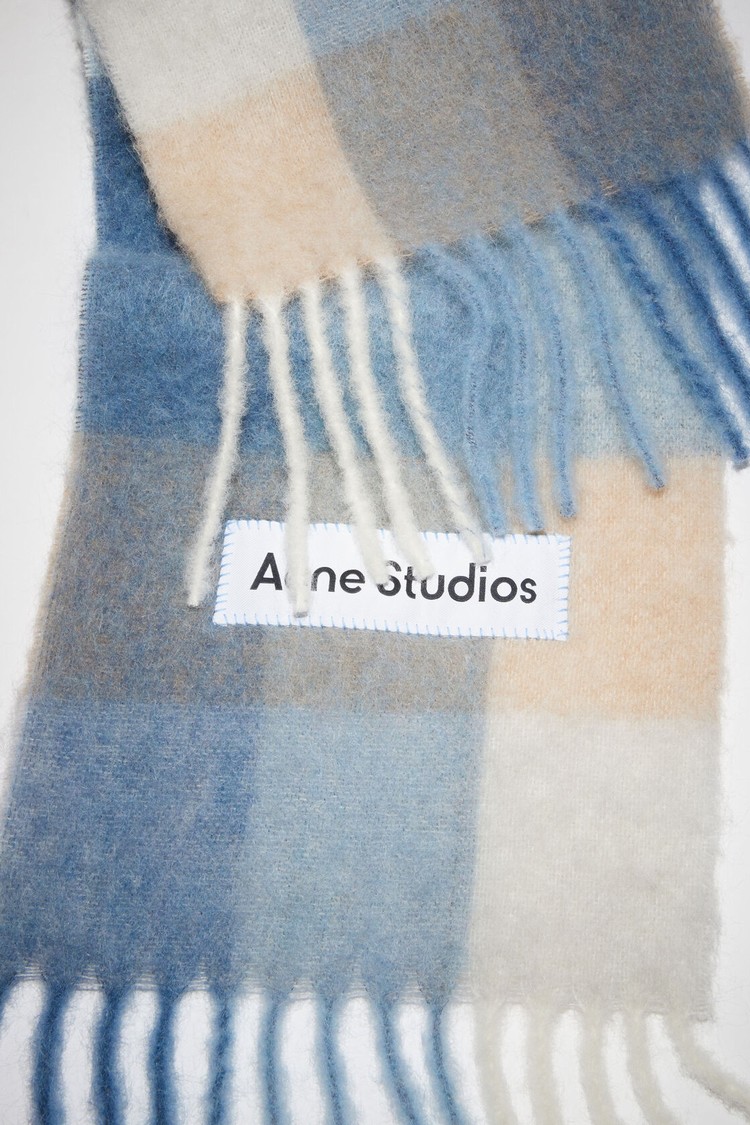 Blue / Beige Acne Studios Checked Wool Fringe Scarf | IQBM-51204