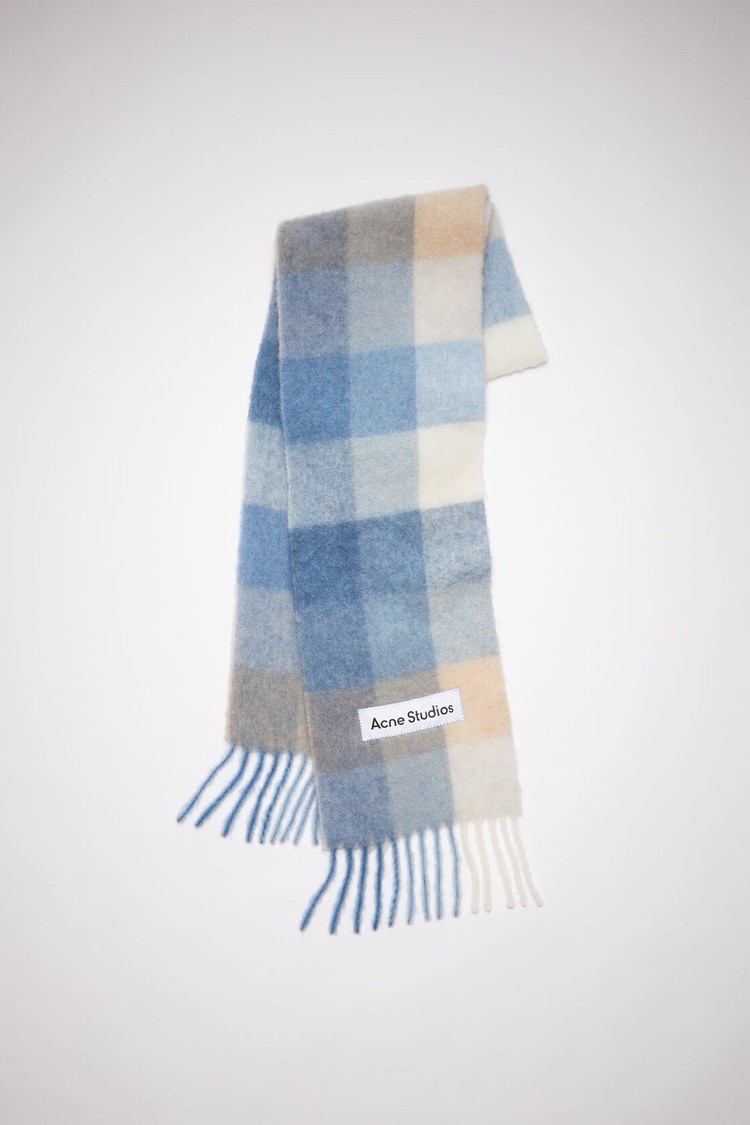 Blue / Beige Acne Studios Checked Wool Fringe Scarf | IQBM-51204