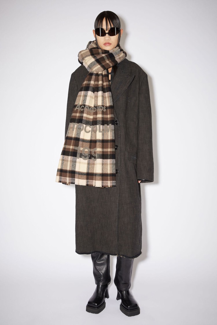 Brown / Beige Acne Studios Wool Logo Print Checked Scarf | FPBE-81479