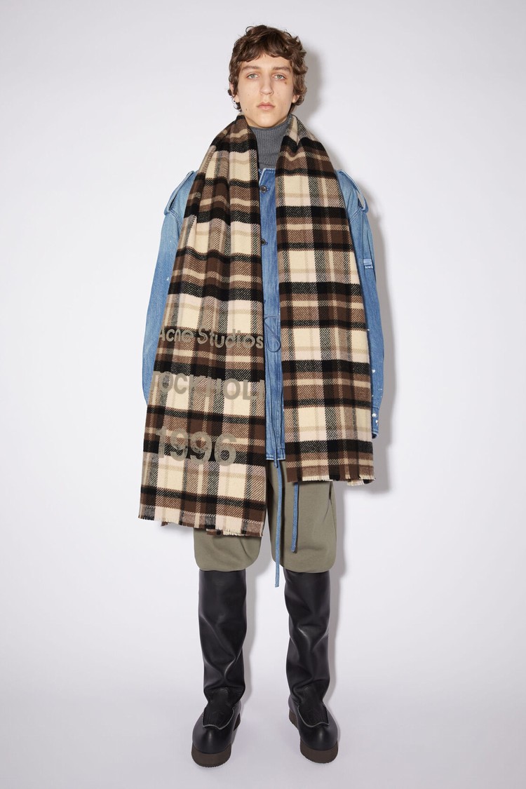 Brown / Beige Acne Studios Wool Logo Print Checked Scarf | FPBE-81479