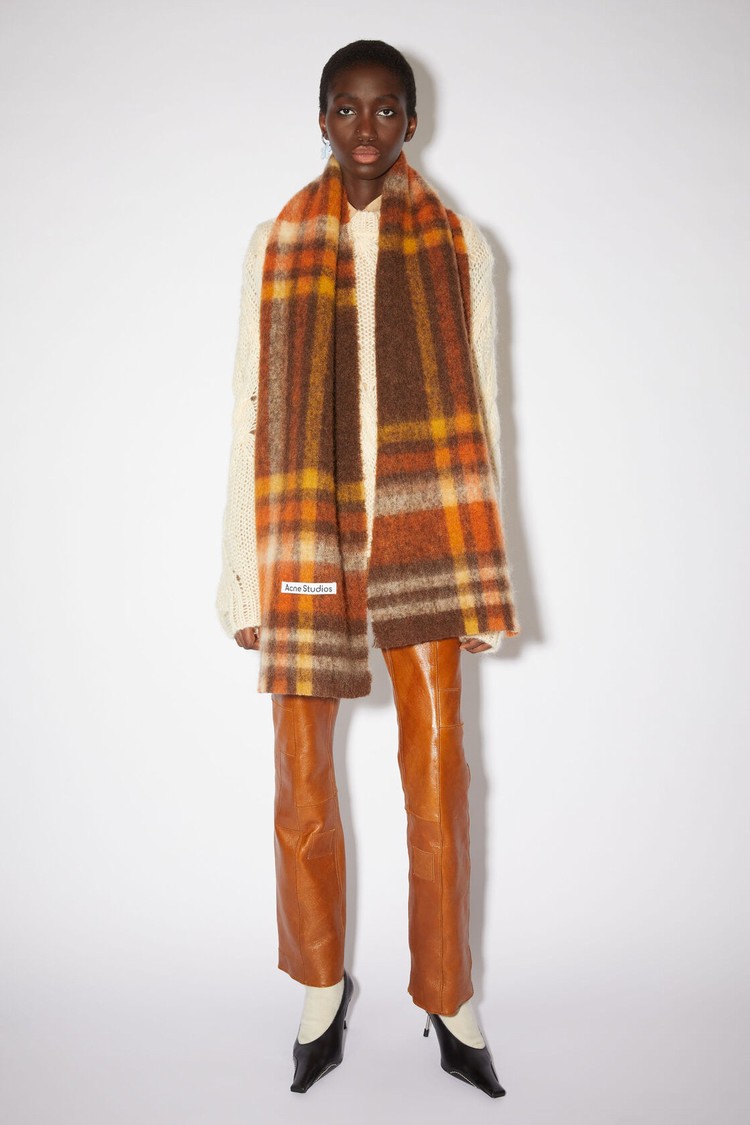 Brown / Orange Acne Studios Heavy Plaid Scarf | CZDM-26938