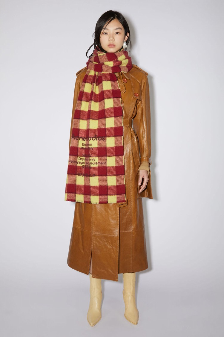 Burgundy / Yellow Acne Studios Check Wool Scarf | XFWY-62857