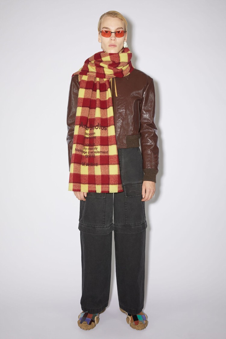 Burgundy / Yellow Acne Studios Check Wool Scarf | XFWY-62857