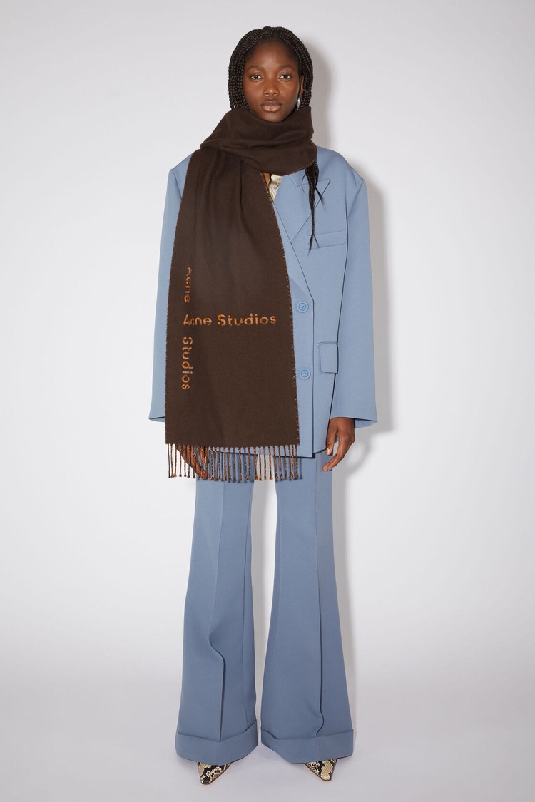 Chocolate / Brown Acne Studios Logo Check Wool Scarf | JEUO-92516