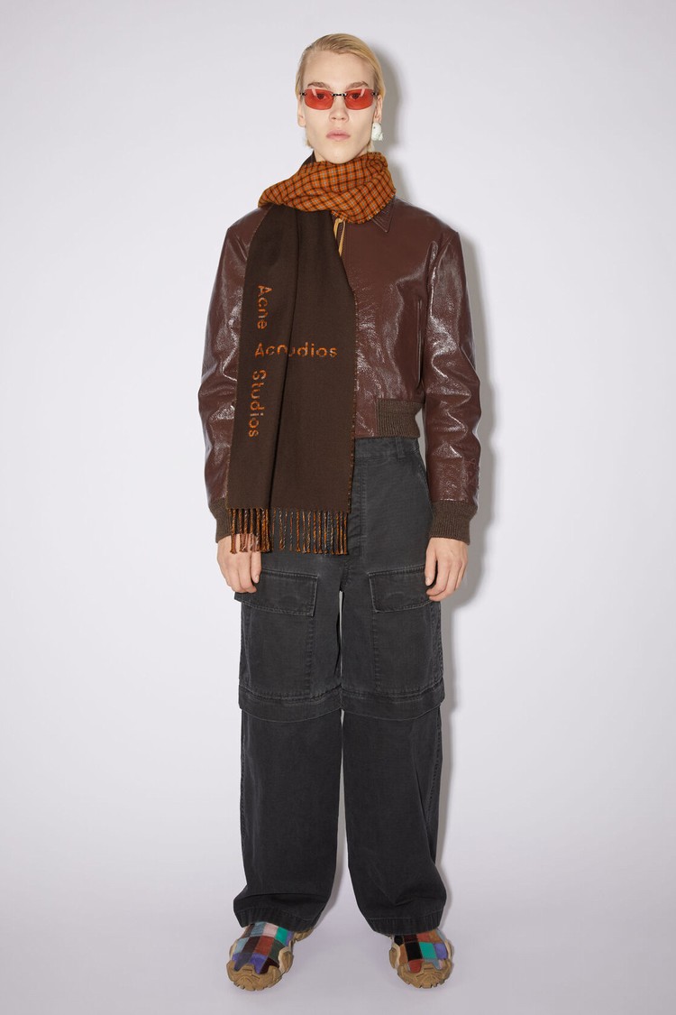 Chocolate / Brown Acne Studios Logo Check Wool Scarf | JEUO-92516