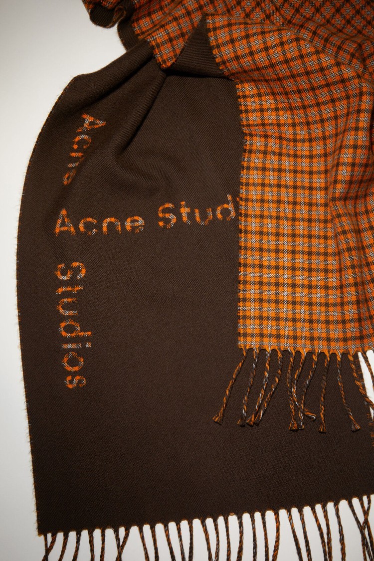 Chocolate / Brown Acne Studios Logo Check Wool Scarf | JEUO-92516