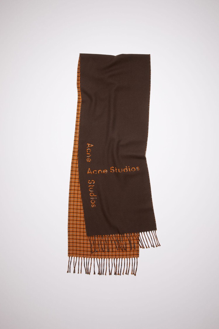 Chocolate / Brown Acne Studios Logo Check Wool Scarf | JEUO-92516