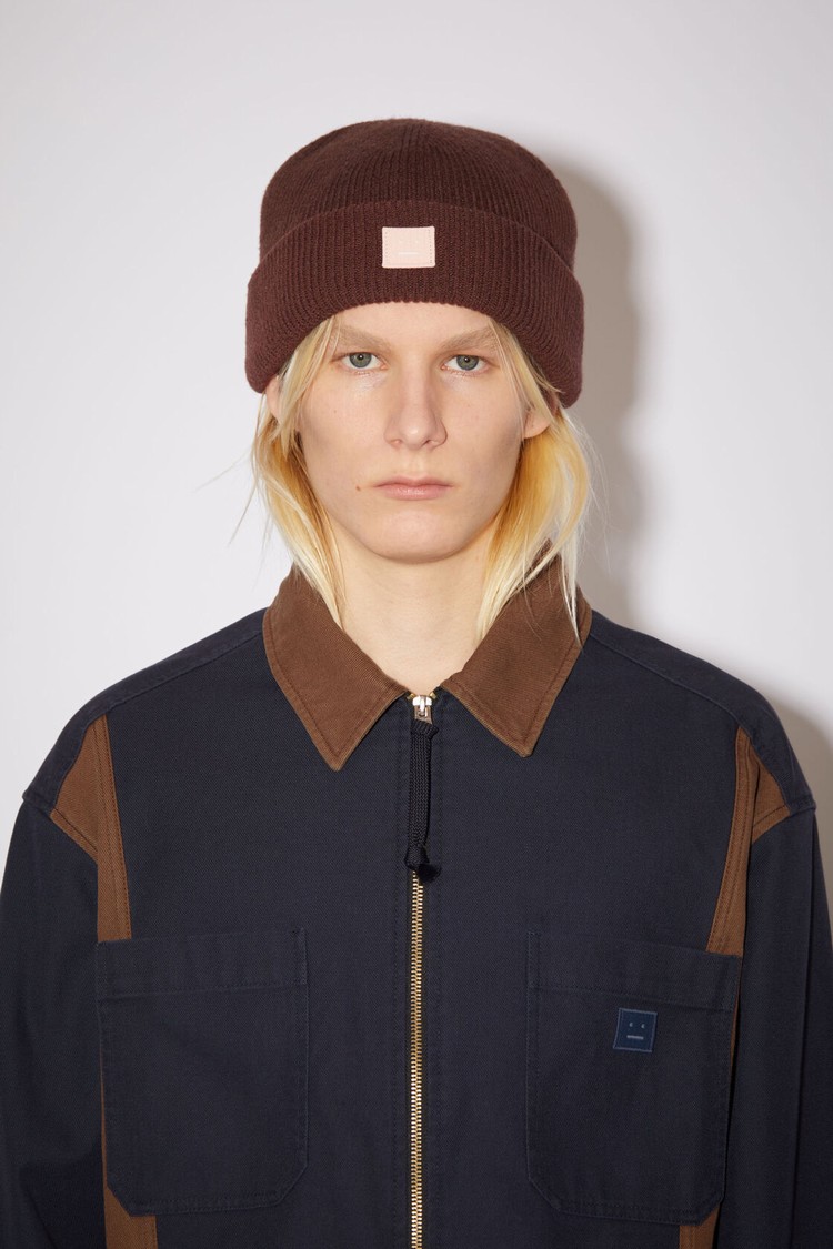 Dark Brown Acne Studios Small Face Logo Beanie | WXNG-98346