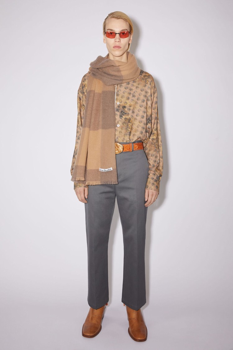 Dark Brown / Grey Acne Studios Check Wool Scarf | EGWC-52786