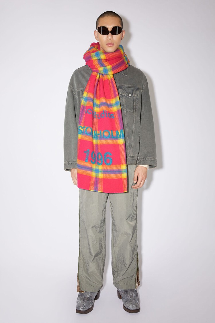 Fuchsia / Yellow Acne Studios Wool Logo Print Checked Scarf | QCZY-82605