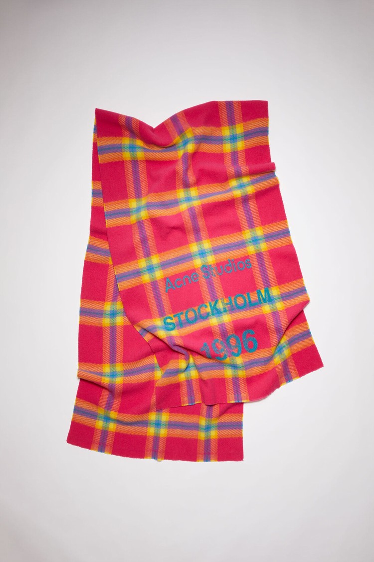 Fuchsia / Yellow Acne Studios Wool Logo Print Checked Scarf | QCZY-82605