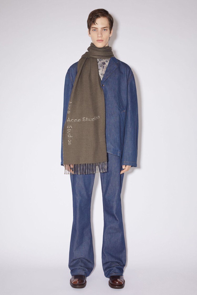 Grey / Brown / Grey Acne Studios Logo Check Wool Scarf | CHYN-26573