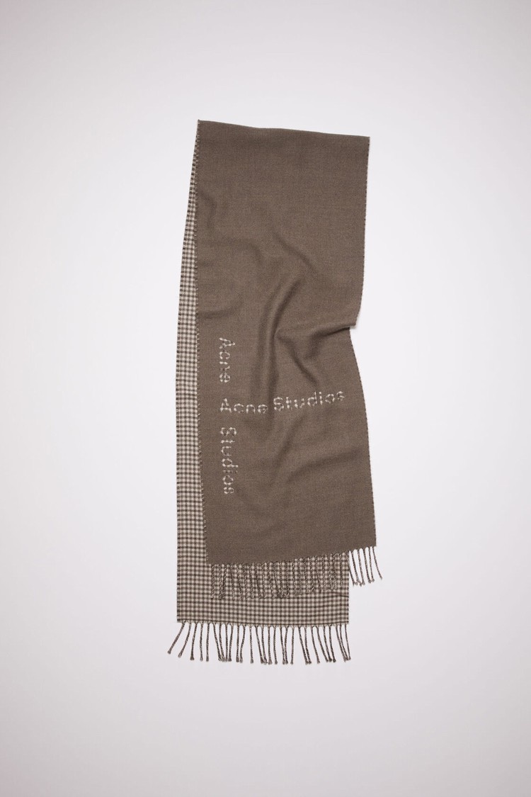 Grey / Brown / Grey Acne Studios Logo Check Wool Scarf | CHYN-26573