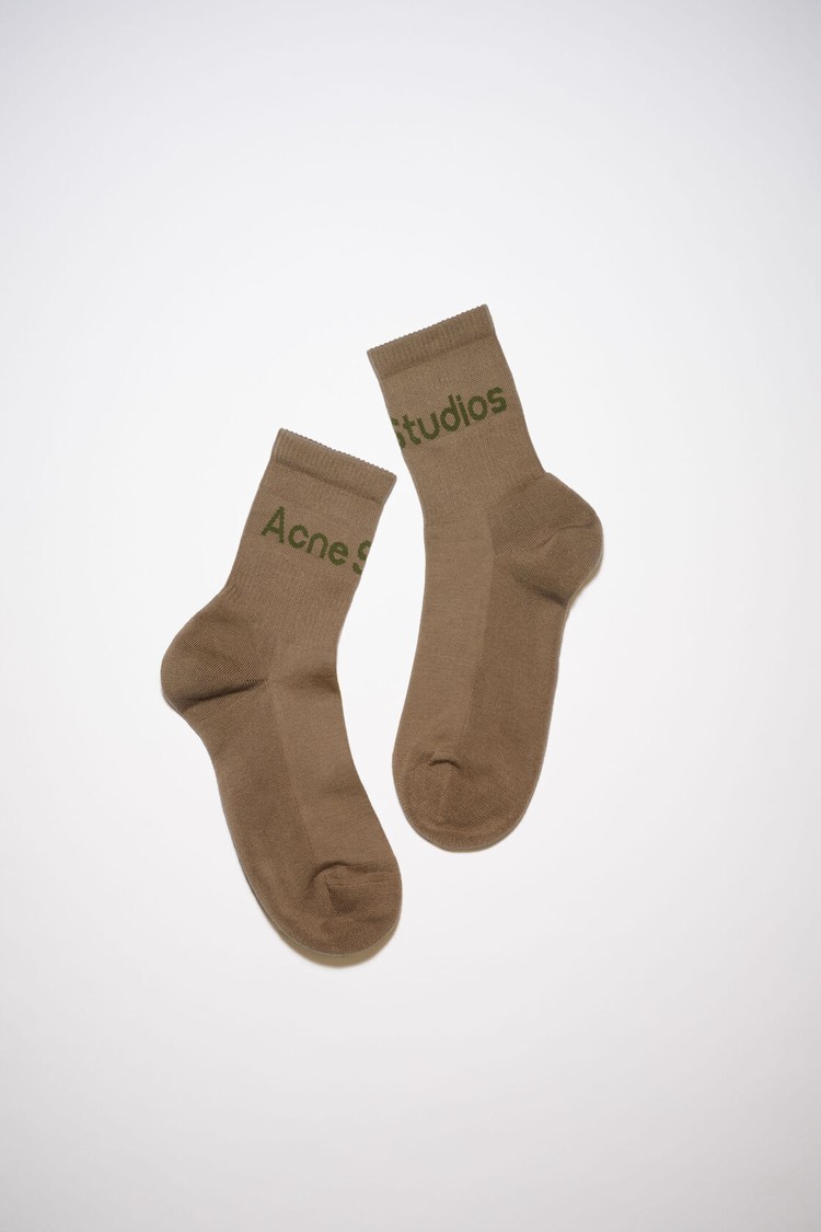 Khaki / Green Acne Studios Ribbed Logo Socks | WSXO-20785