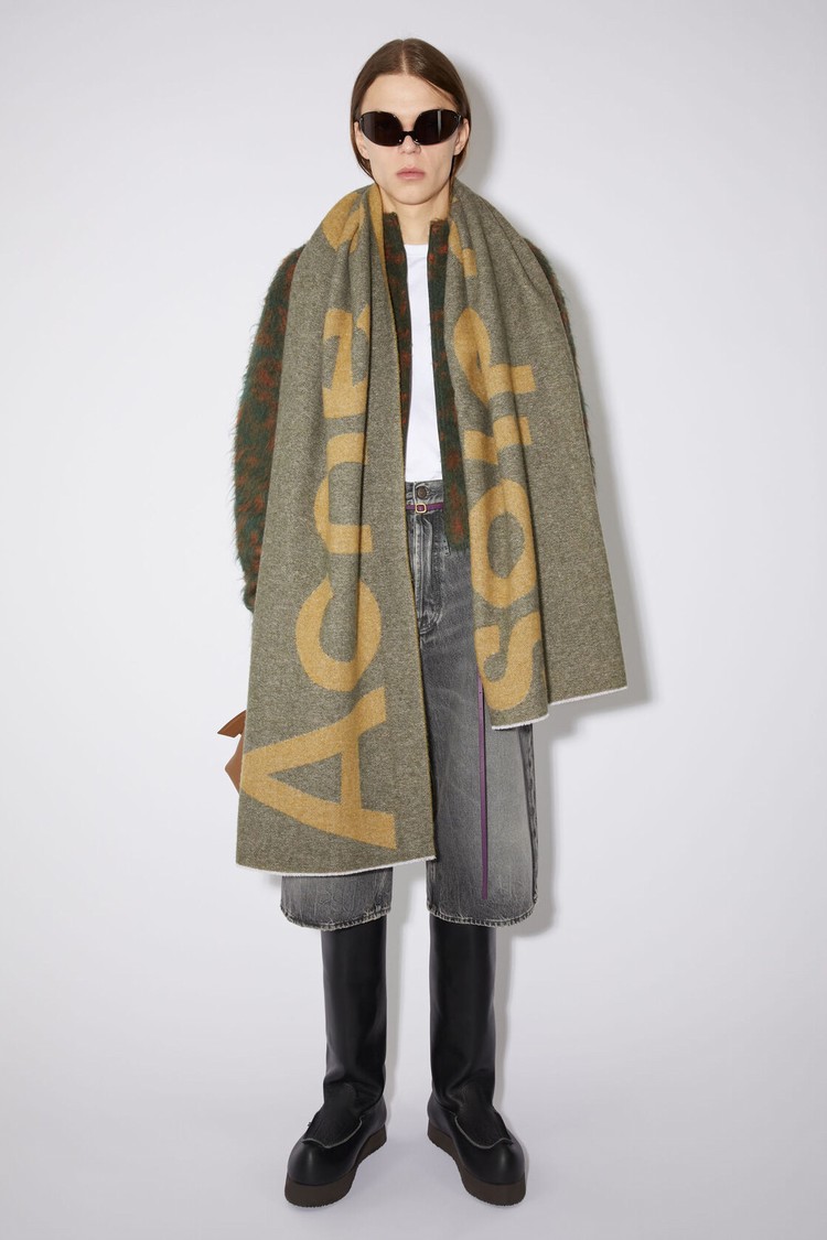 Khaki / Green / Mustard / Yellow Acne Studios Logo Wool Blend Scarf | ETOS-87254