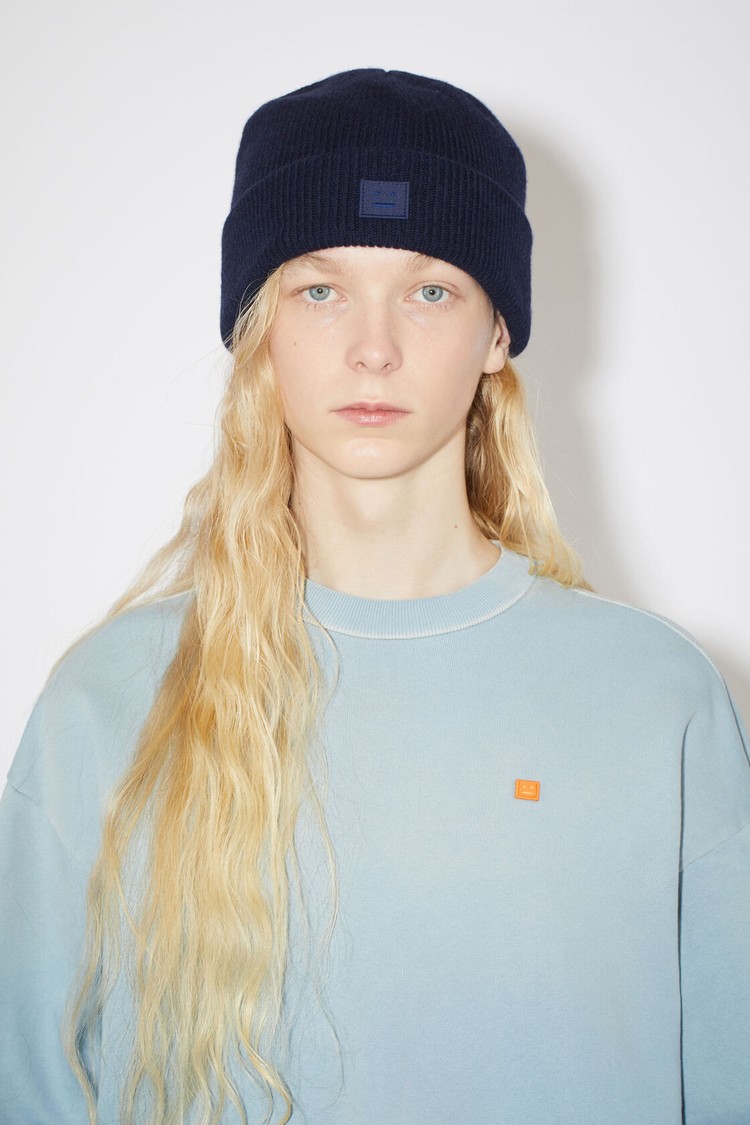 Navy Acne Studios Small Face Logo Beanie | QJCA-10425