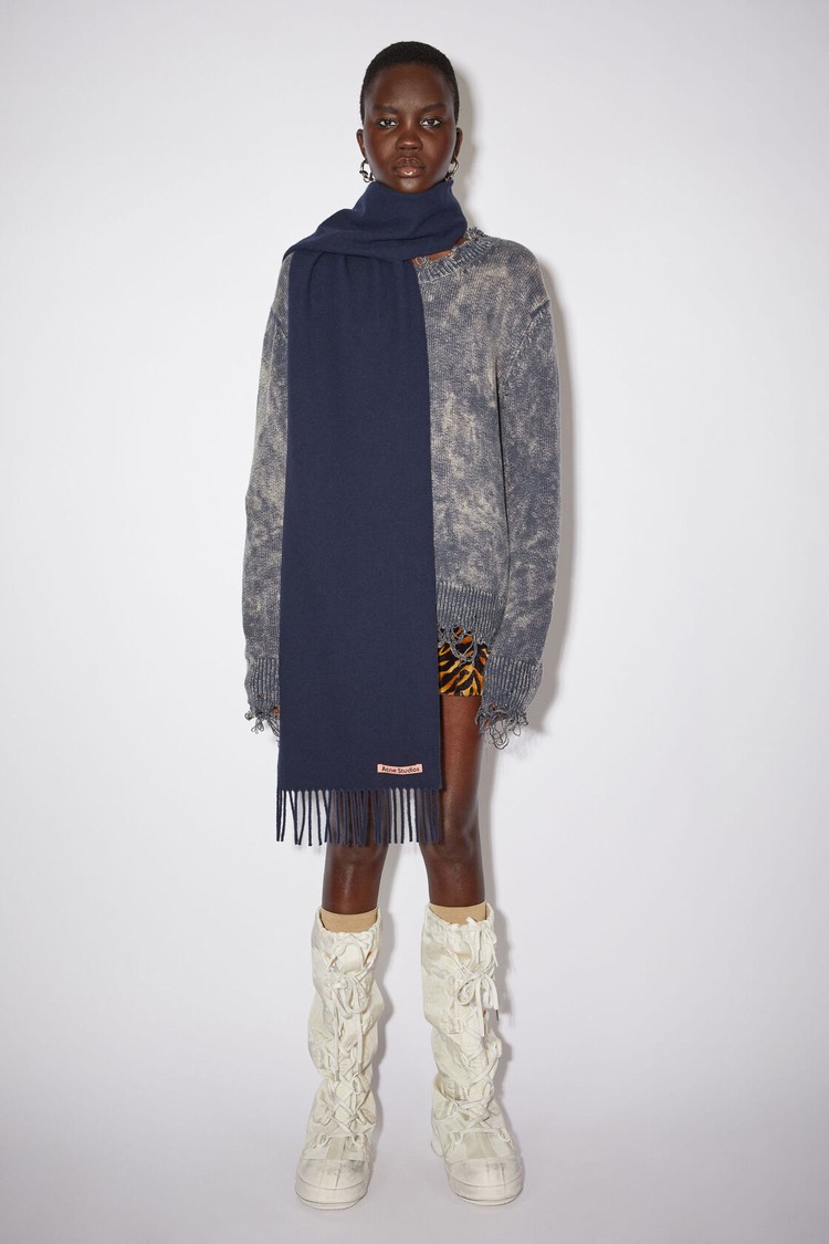 Navy / Blue Acne Studios Fringe Wool - Skinny Scarf | DMYN-93081