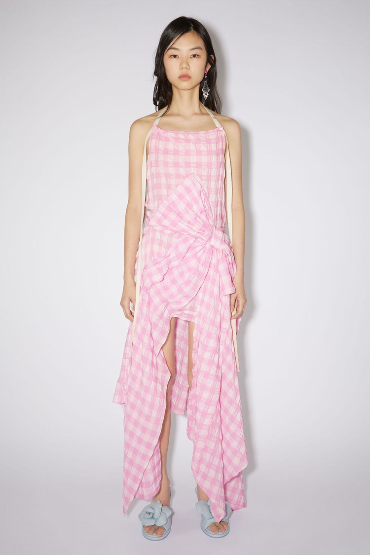 Pink Acne Studios Gingham Bow Women\'s Dress | JVZS-08952