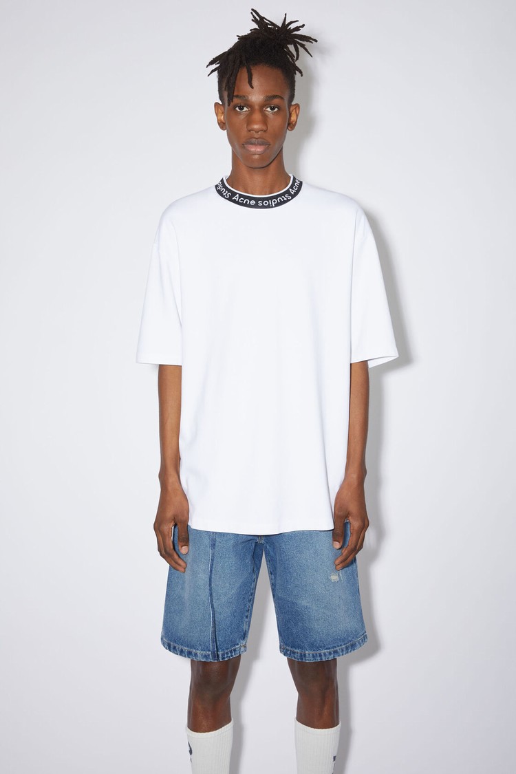 White Acne Studios Logo Rib Men\'s T Shirts | VKCT-91854