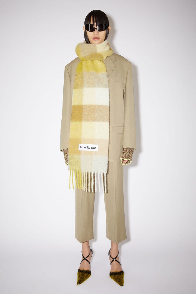 Yellow / Cream / Beige Acne Studios Checked Wool Fringe Scarf | DIVO-70429