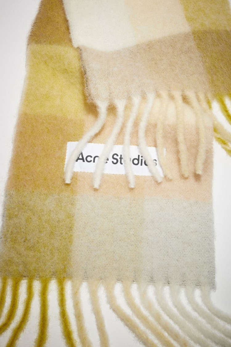 Yellow / Cream / Beige Acne Studios Checked Wool Fringe Scarf | DIVO-70429