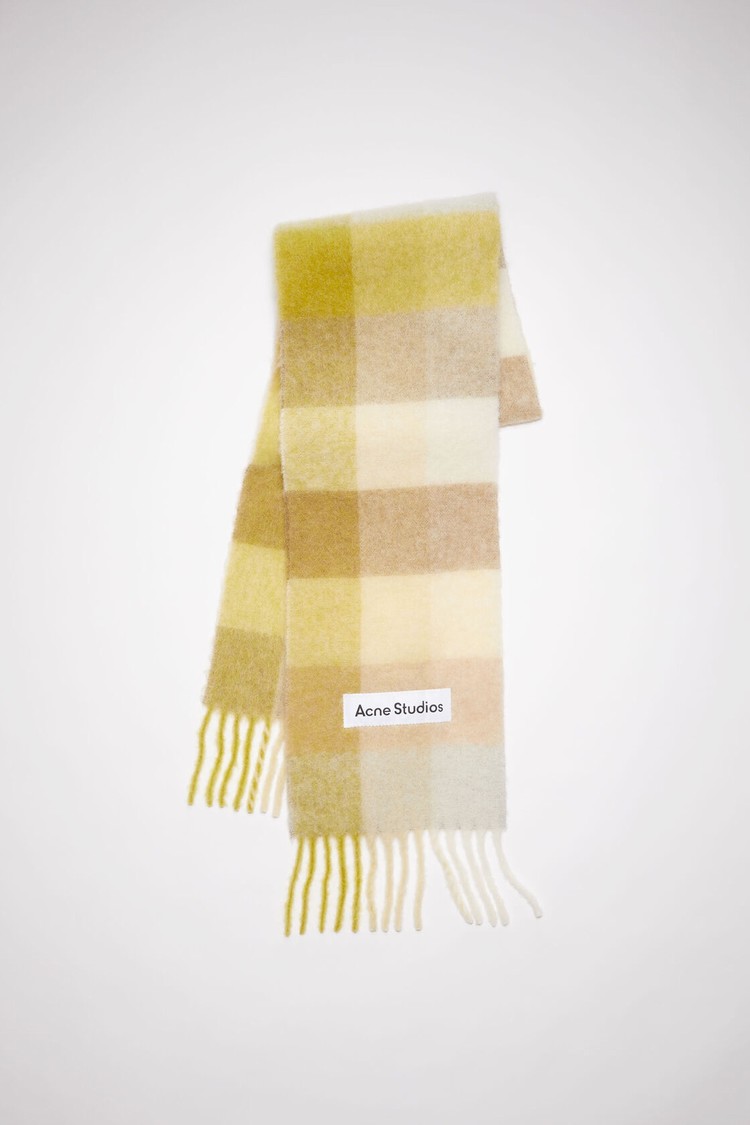 Yellow / Cream / Beige Acne Studios Checked Wool Fringe Scarf | DIVO-70429